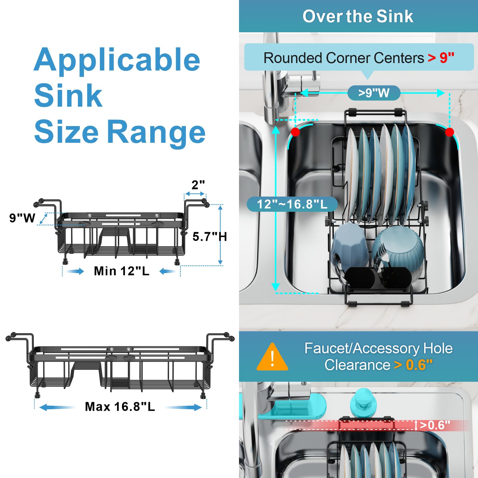 GSlife Small Sink Dish Drying Rack, 9" W Expandable Compact Rust Resistant Dish Drainer for RV Apartment Kitchen, Dish Rack with Lock Knob, Arms with Non Slip Rubber, 12"–16.8" L, Black
