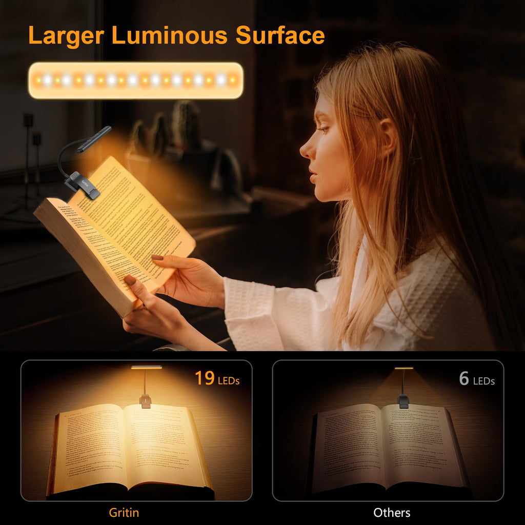 Gritin 19 LED Rechargeable Book Light for Reading in Bed with Memory Function- Eye Caring 3 Color Temperatures,Stepless Dimming Brightness,90 Hrs Runtime Clip on Light for Book Lovers- 2 Pack-Black