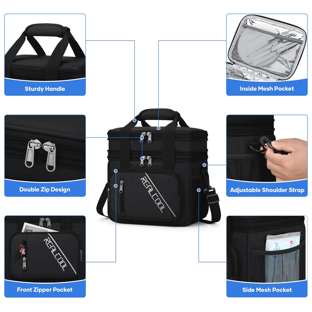 RealCool Lunch Bag, 15L Insulated Lunch Box for Men Women, Double Deck Leakproof Soft Cooler Bag with Adjustable Strap, Reusable Lunchbox for Work, Travel, Camping, Black