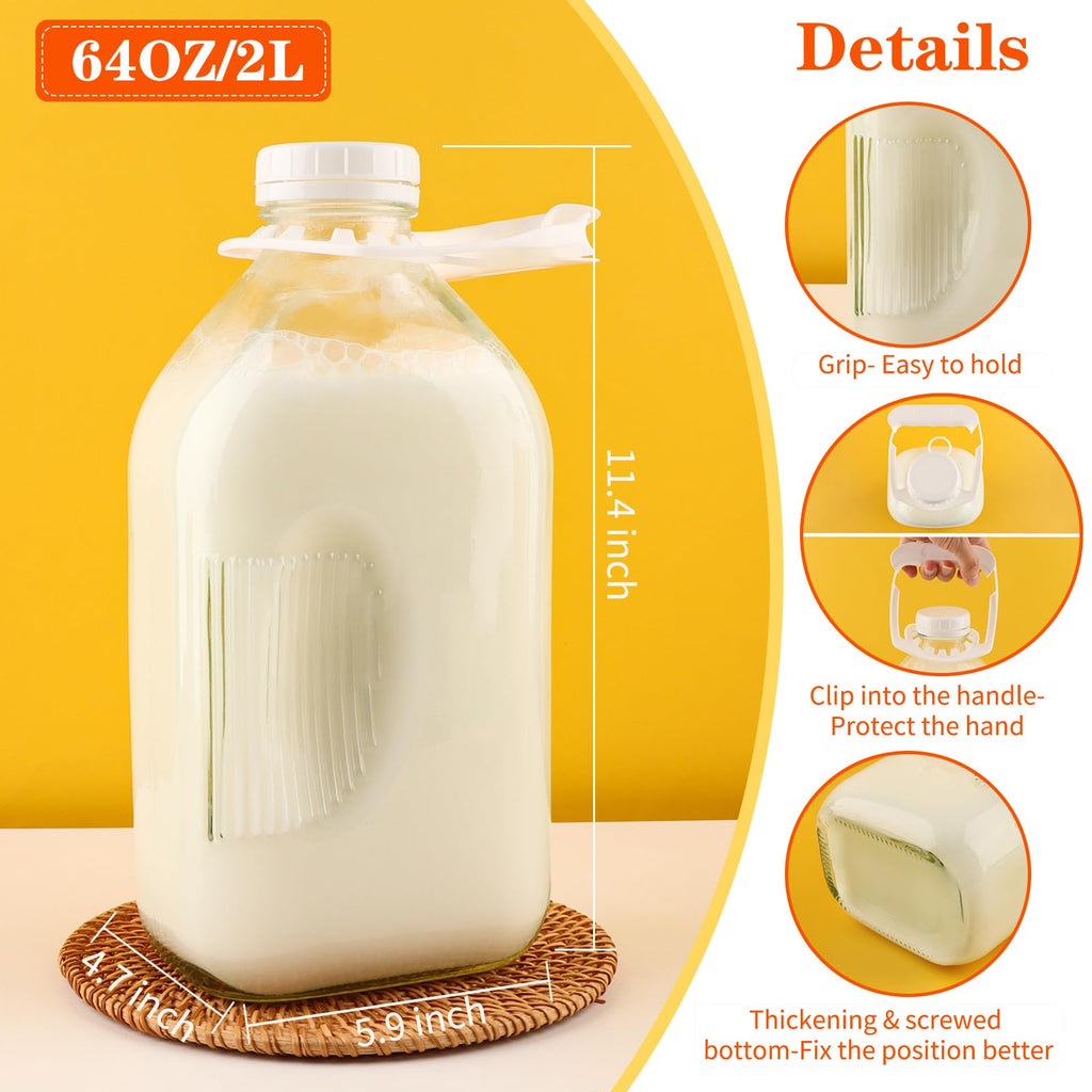 CARBLIN 64 Oz Glass Milk Bottles, Heavy Duty Glass Milk Jugs with Airtight Lid, 2Qt Clear Water Container for Refrigerator, Reusable Juice Pitcher with Brush & Handle (1/2 Gal, 3 Pack)
