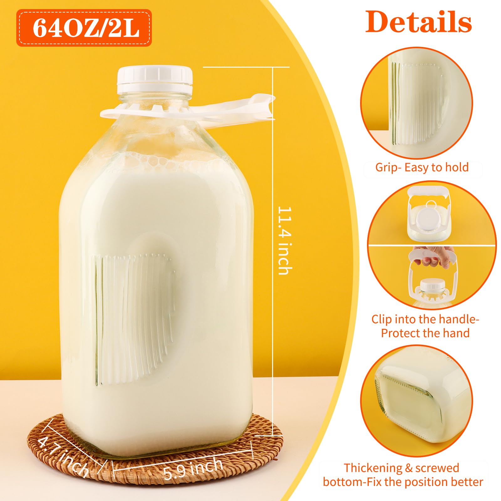 CARBLIN 64 Oz Glass Milk Bottles, Heavy Duty Glass Milk Jugs with Airtight Lid, 2Qt Clear Water Container for Refrigerator, Reusable Juice Pitcher with Brush & Handle (1/2 Gal, 3 Pack)