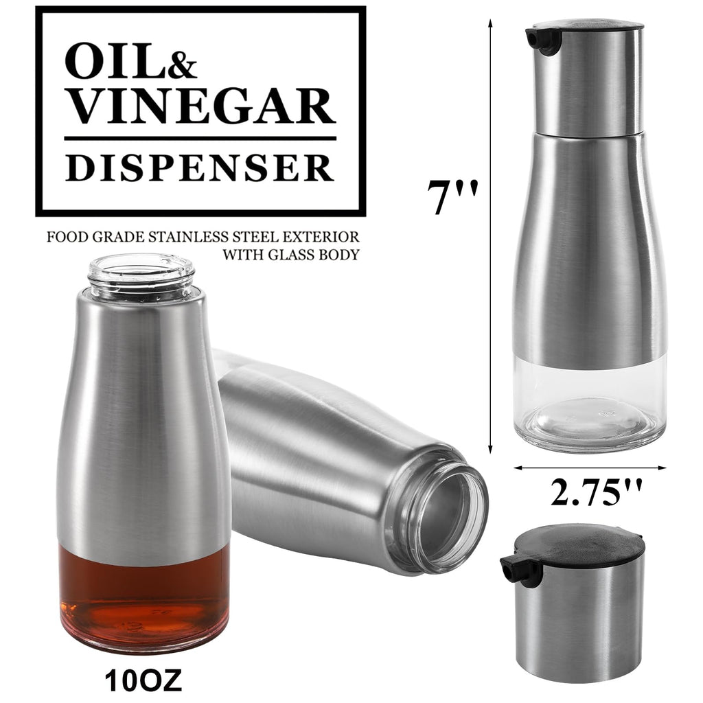 Tebery 300ml Silver Olive Oil & Vinegar Dispenser with Easy Pouring Spout, Stylish Stainless Steel with Glass Bottom, 300ml (Pack of 2)