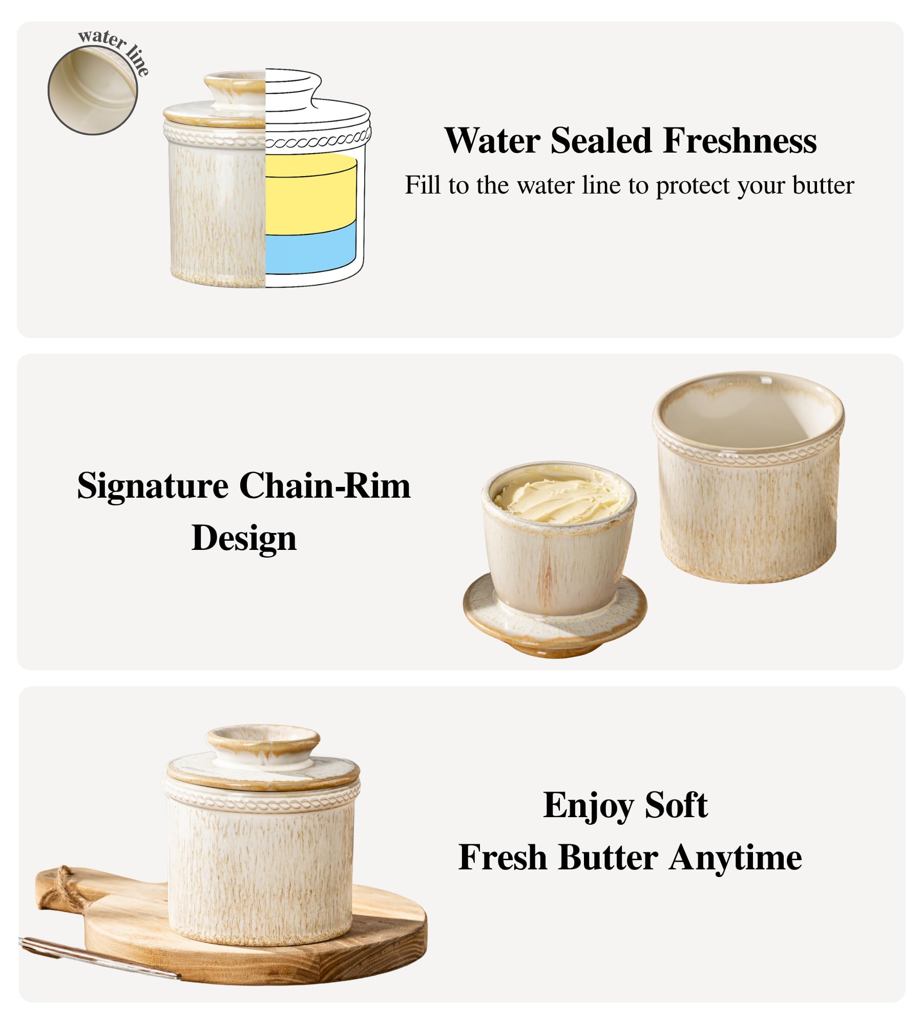 Jersinwei Butter Crock with Lid, Ceramic Butter Crock for Spreadable Soft Butter, Vintage Chain-Rim Design, French Butter Keeper for Home Decor Christmas Housewarming Gift, Cream Vein White