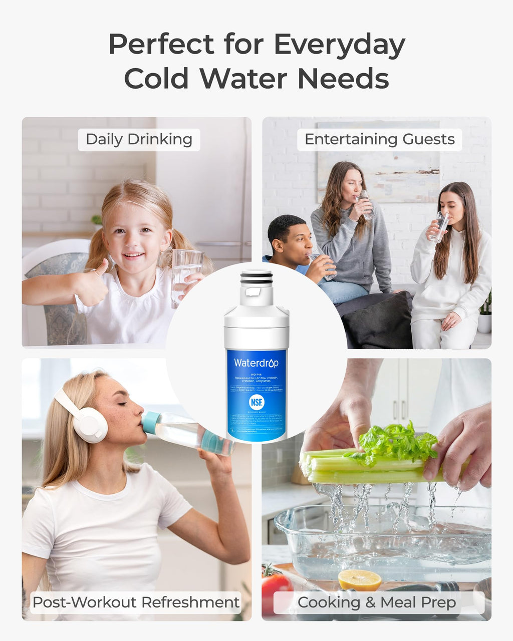 Waterdrop LT1000PC ADQ747935 Refrigerator Water Filter and Air Filter, Replacement for LG® LT1000P®, LMXS28626S, LFXS26973S, LFXS26596S, LFXS28596S, ADQ74793501, ADQ74793502 and LT120F®, 2 Combo