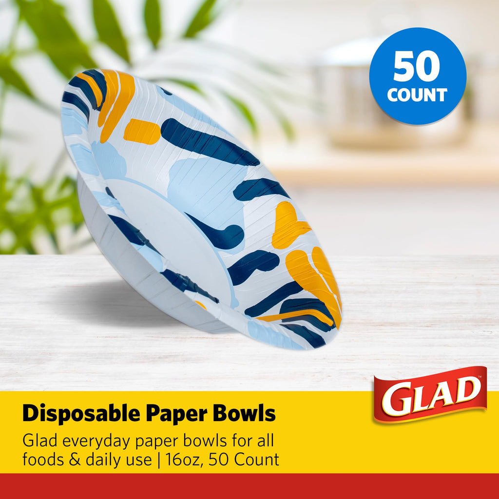Glad Round Disposable Paper Bowls, Scribble Abstract Design - Heavy Duty, Soak Proof, Cut-Resistant, Microwavable Bowl for All Foods & Daily Use, 16 Oz, 50 Count