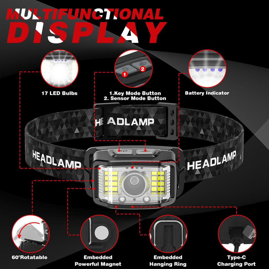 Headlamp Rechargeable 2 Packs,2000 Lumen Super Bright Motion Sensor 16 Modes (Individual Control) LED Headlamp,Waterproof Lightweight Flashlight Hard Hat Light for Outdoor Camping Fishing Running
