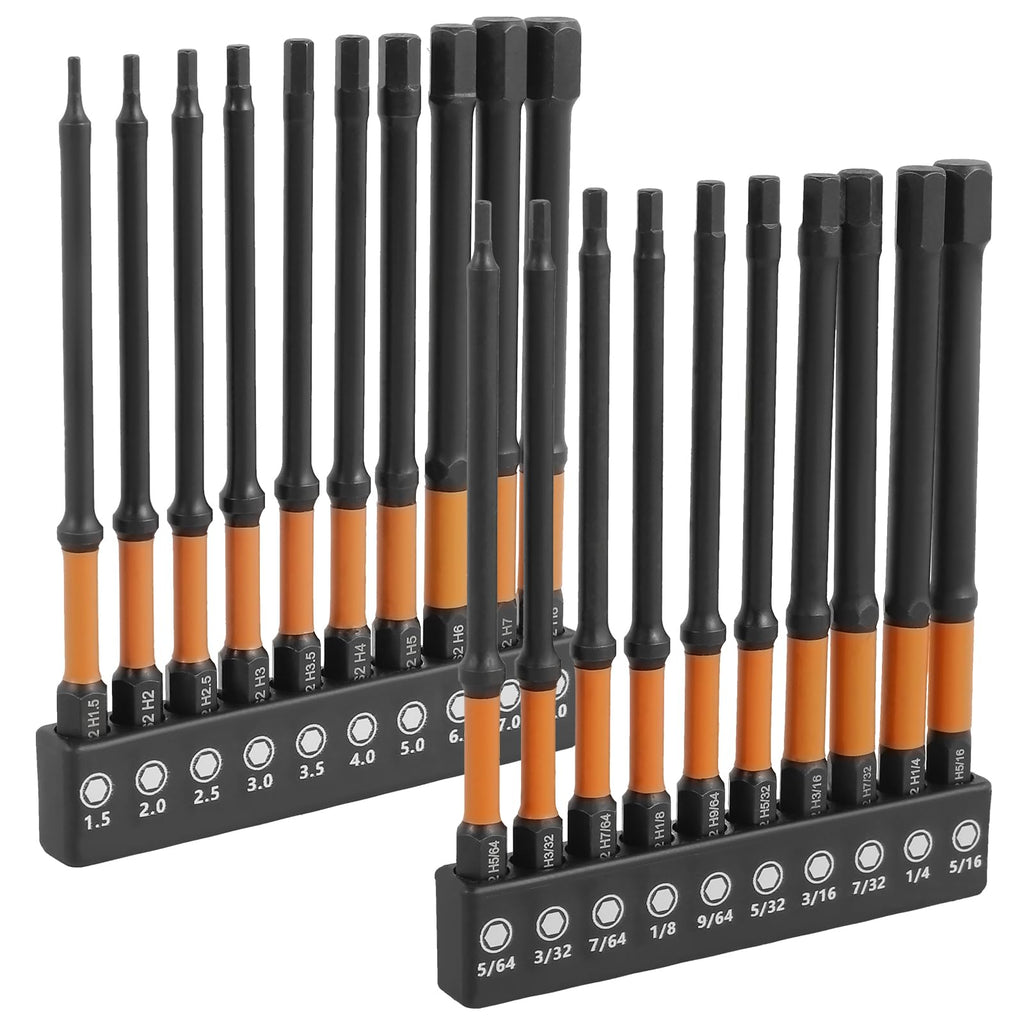 LYDODOKA Impact Hex Head Allen Wrench Drill Bit Set, Metric & SAE 1/4” Hex-Shank S2 Steel Hex Bits Set with Quick-Change Adapter & Storage Box,4" CNC Magnetic Tips Drill Screwdriver (20Pcs-Metric-SAE)