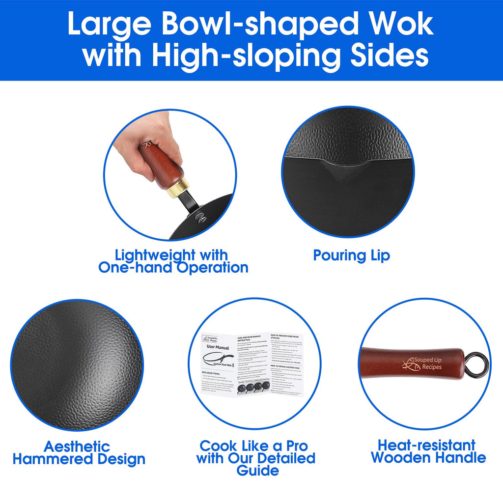 Souped Up Recipes 10 Inch Carbon Steel Wok for Electric, Induction and Gas Stoves (Lid and User Guide Video Included)