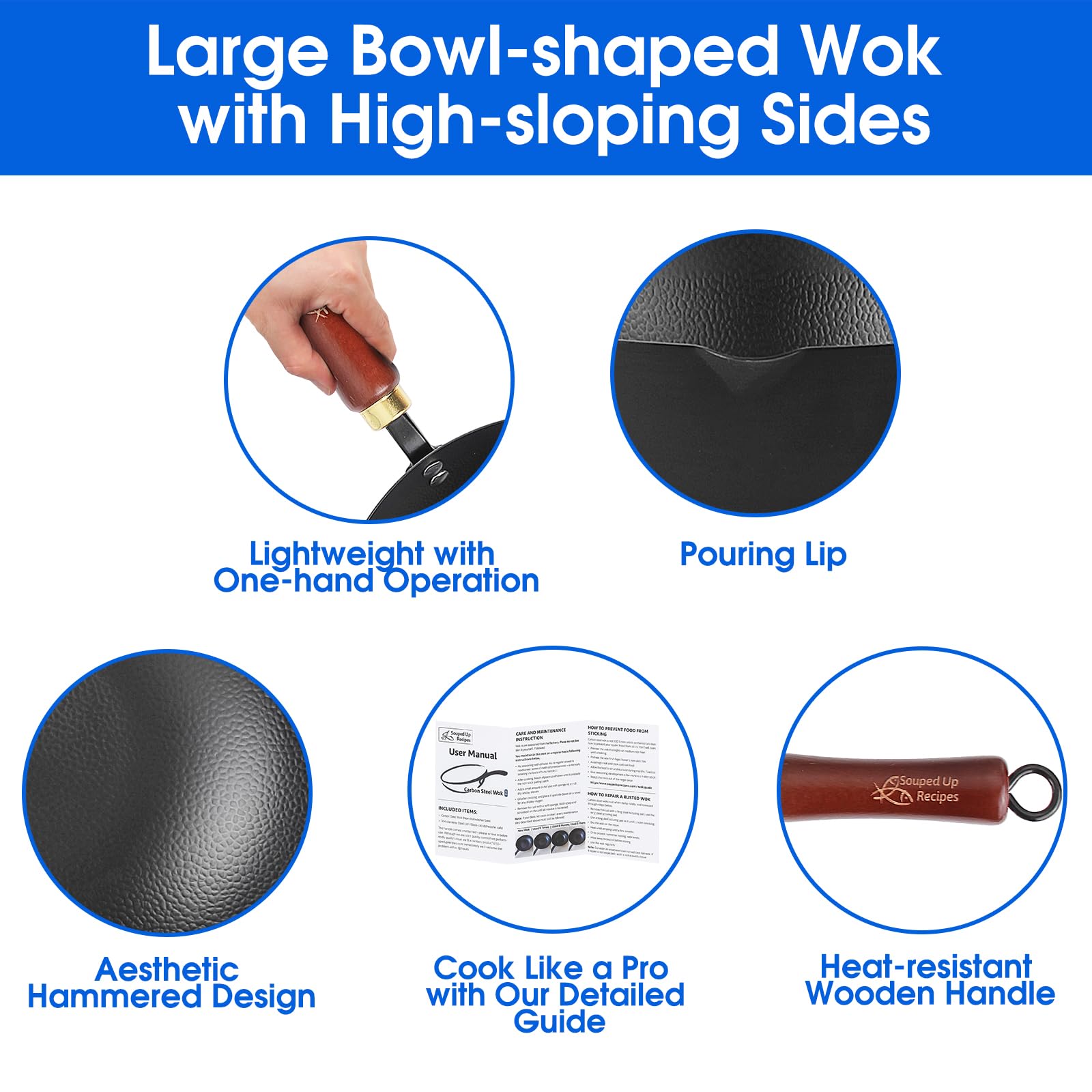 Souped Up Recipes 10 Inch Carbon Steel Wok for Electric, Induction and Gas Stoves (Lid and User Guide Video Included)