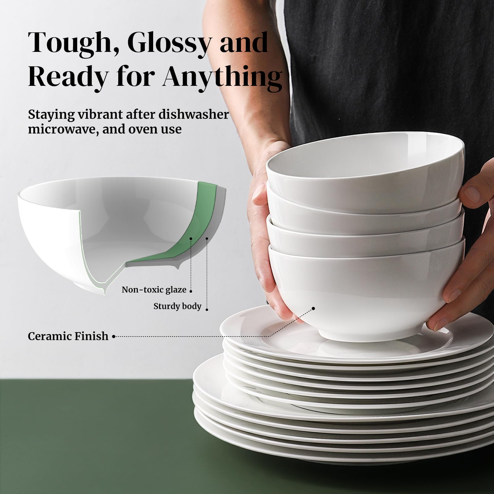 DOWAN Soup Bowls, Ceramic Cereal Bowls, 22 Ounce Bowl Set of 4, Sturdy & Stackable, Dishwasher & Microwave Safe, White Bowls for Rice Pasta Salad Oatmeal Mixing