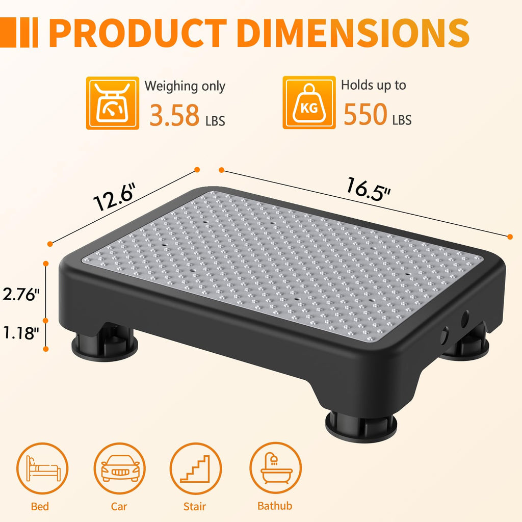 Ronlap One Step Stools for Adults, Portable Safety Step Platform for Seniors Small Plastic Bedside Mobility Wide Stepstools Elderly Assistance, Black-Gray