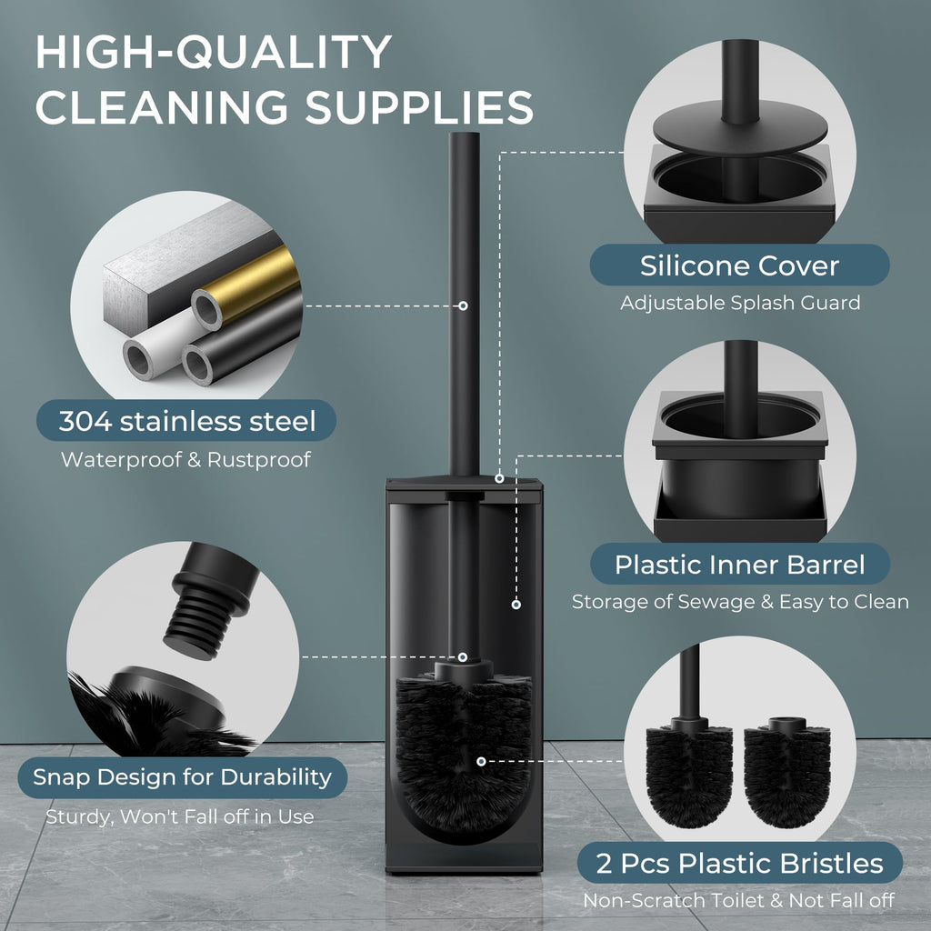 FORIOUS Toilet Brush and Holder Set, Heavy Duty 304 Stainless Steel Base, Toilet Brushes with Long Handle for Bathroom, Deep Cleaning, Drip-Proof, Space Saving, 2 Toilet Bowl Brush Head, Matte Black