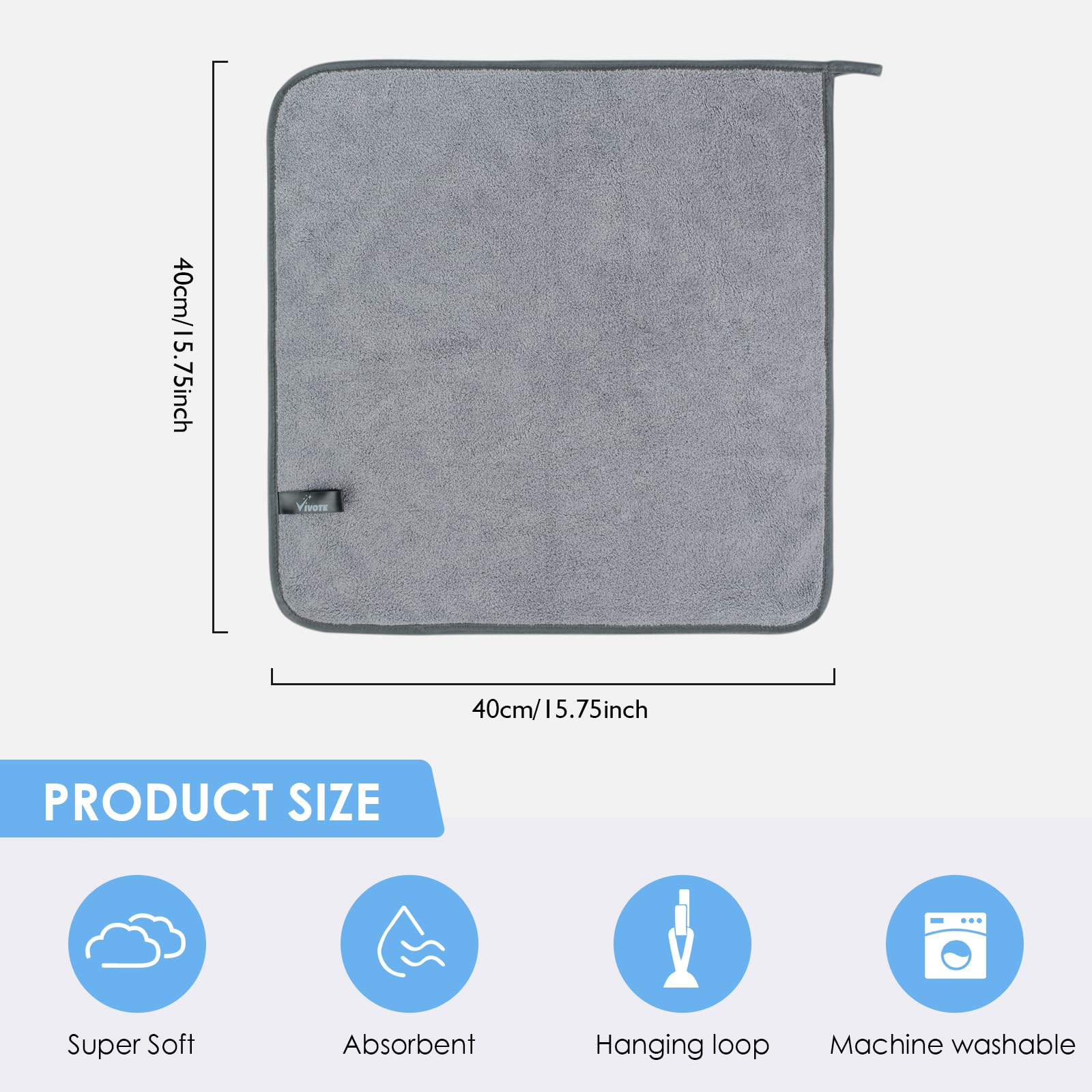 VIVOTE Microfibre Guest Towels, Super Soft and Absorbent Towel, Microfibre Hanging Towel for Kitchen and Bathroom, Dry Hand Towels, 40 x 40 cm, Guest Towel, Kitchen Towels, Pack of 2, Grey