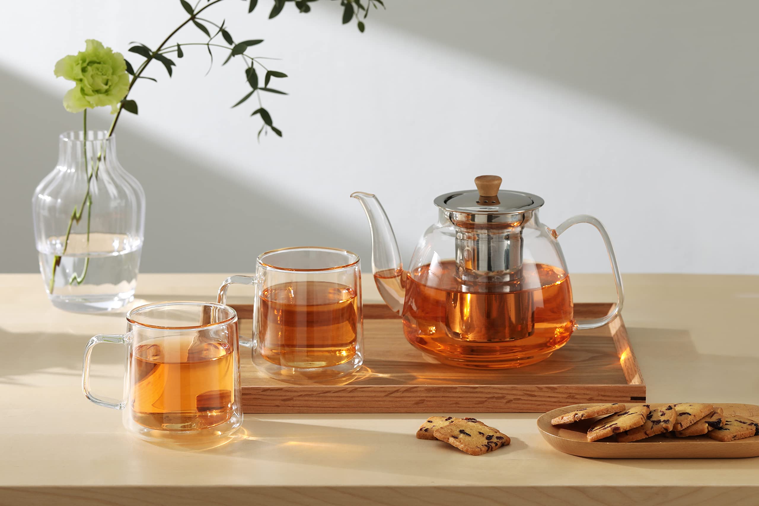 CNGLASS 1100ml Glass Teapot with Infuser,Clear Glass Tea Kettle with Removable Stainless Steel Strainer,Stovetop Safe Glass Teapot for Blooming and Loose Leaf Tea