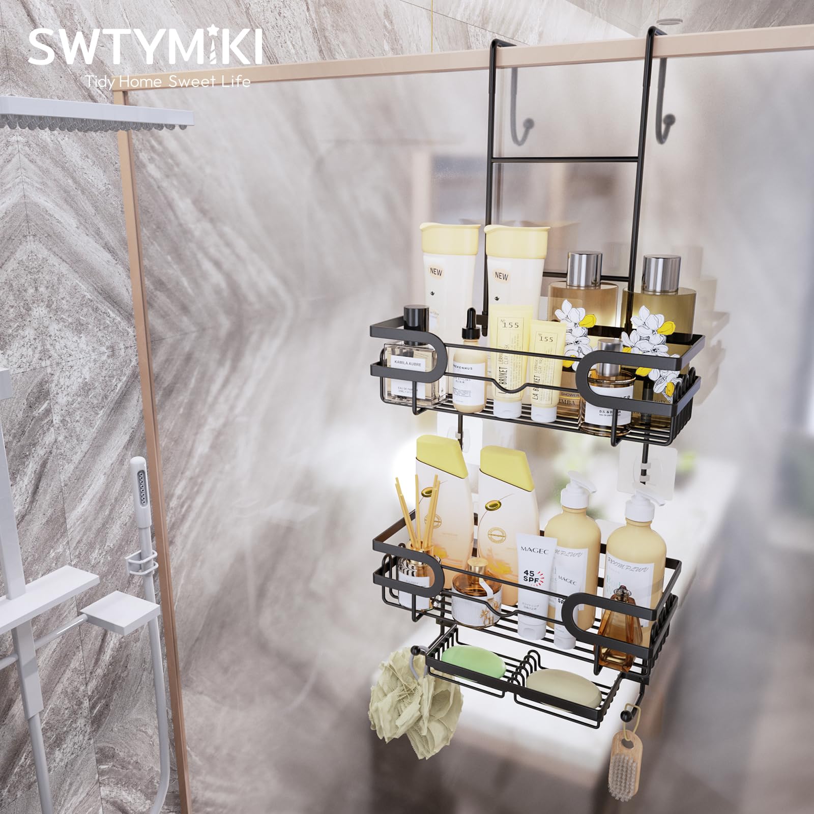 SWTYMIKI Shower Caddy Hanging Over the Door, 2 Tier Bathroom Shelf + 2 Soap Holders, Shower Shelf Organizer with 14 Hooks for Shampoo, Towels, Soap, No Drilling, Rustproof & Waterproof, Black