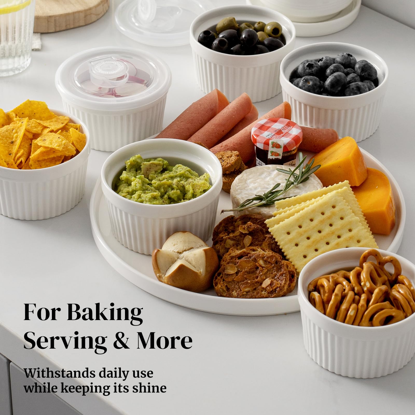 DOWAN Ramekins 8 oz Oven Safe with Lids, Creme brulee Souffle Ramekins with Covers, Porcelain White Ramekins for Baking, Stackable, Set of 6