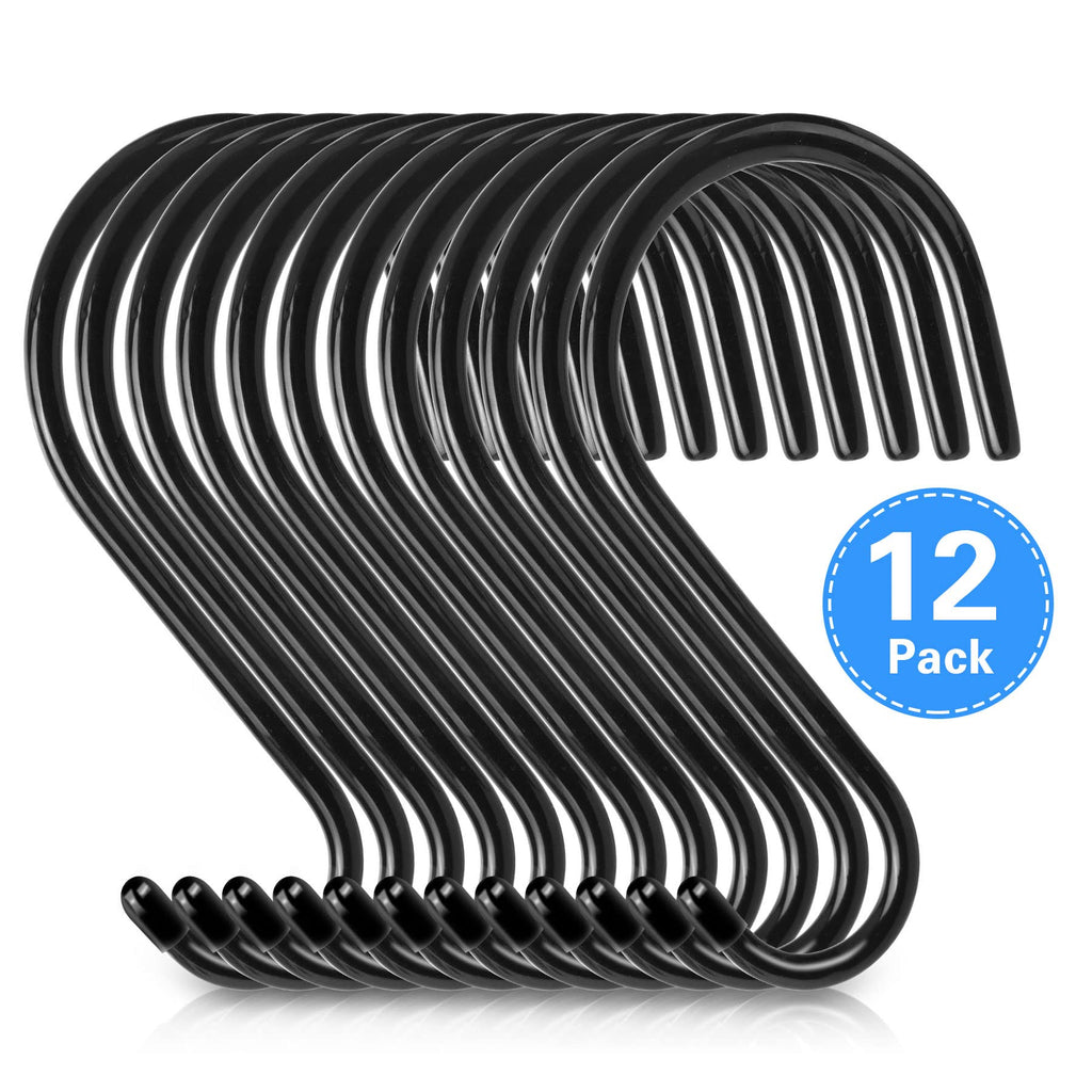 Antimbee 12 Pack Heavy Duty S Hooks, 5.5 inch Large S Hooks, S Hook Hanger with Rubber Coated, Black S Shaped Hook for Hanging Plants, Banana, Clothes, Bags,Towels, Kitchen Utensil