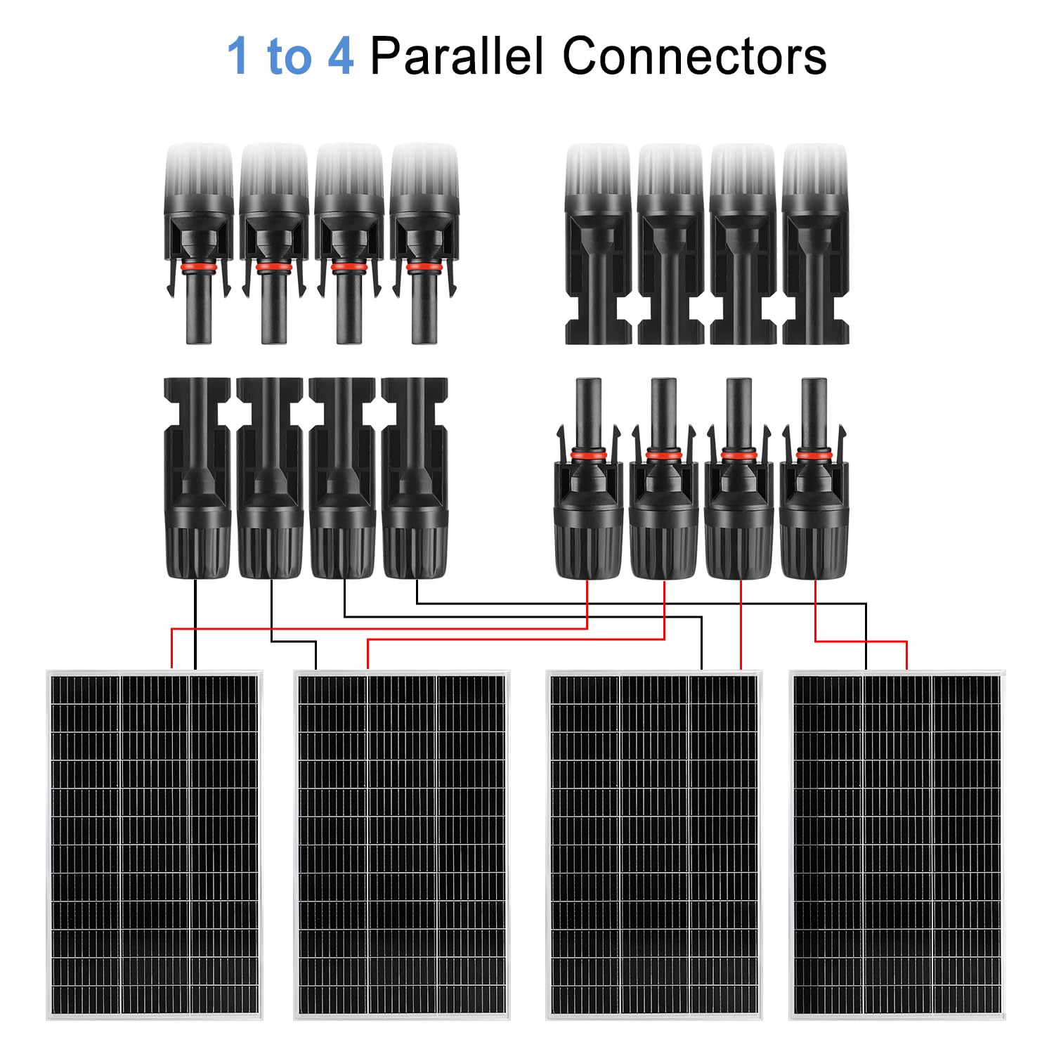 TCEUMIK Solar Panel Y Branch Connectors 1 Pair of 1 to 4 Parallel Connectors 1000V 30A Cable Wire Plug Tool Kit for Connecting Solar Panel(M/FFFF, F/MMMM) Red Black