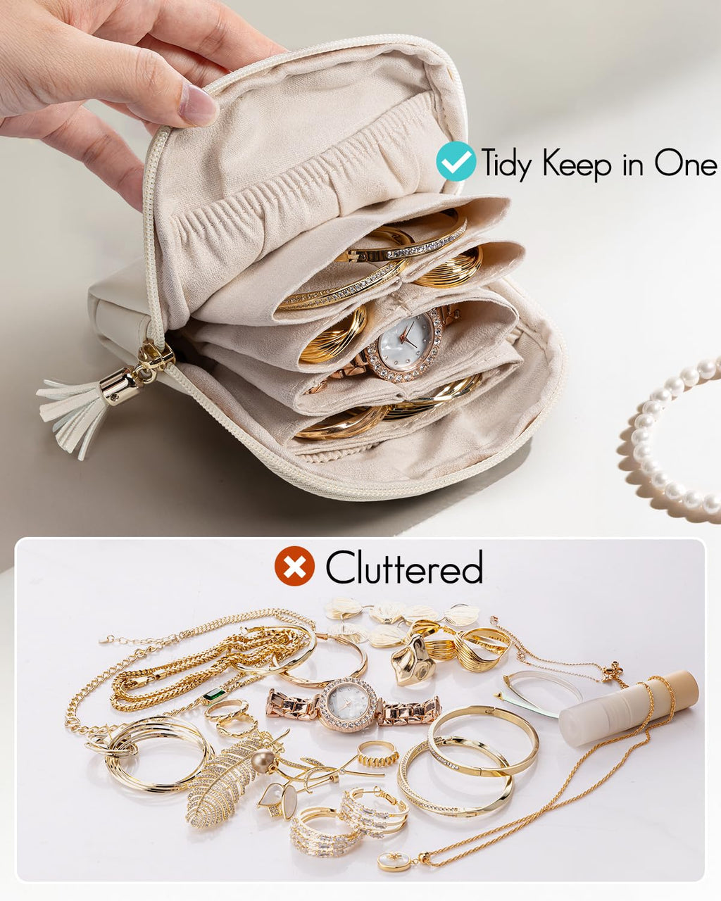 Vlando Small Travel Jewelry Case Organizer,Leather Jewelry Pouch Bags with Zipper,Portable Velvet Jewelry Organizer Bag for Earrings,Bracelets, Rings,Necklaces,Travel Essentials women,Beige