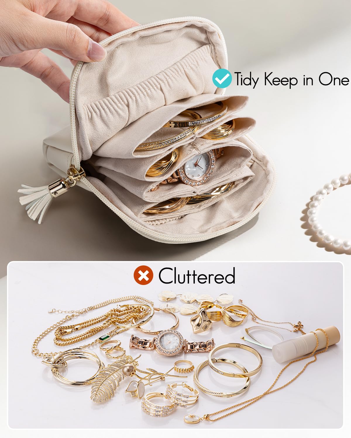 Vlando Small Travel Jewelry Case Organizer,Leather Jewelry Pouch Bags with Zipper,Portable Velvet Jewelry Organizer Bag for Earrings,Bracelets, Rings,Necklaces,Travel Essentials women,Beige