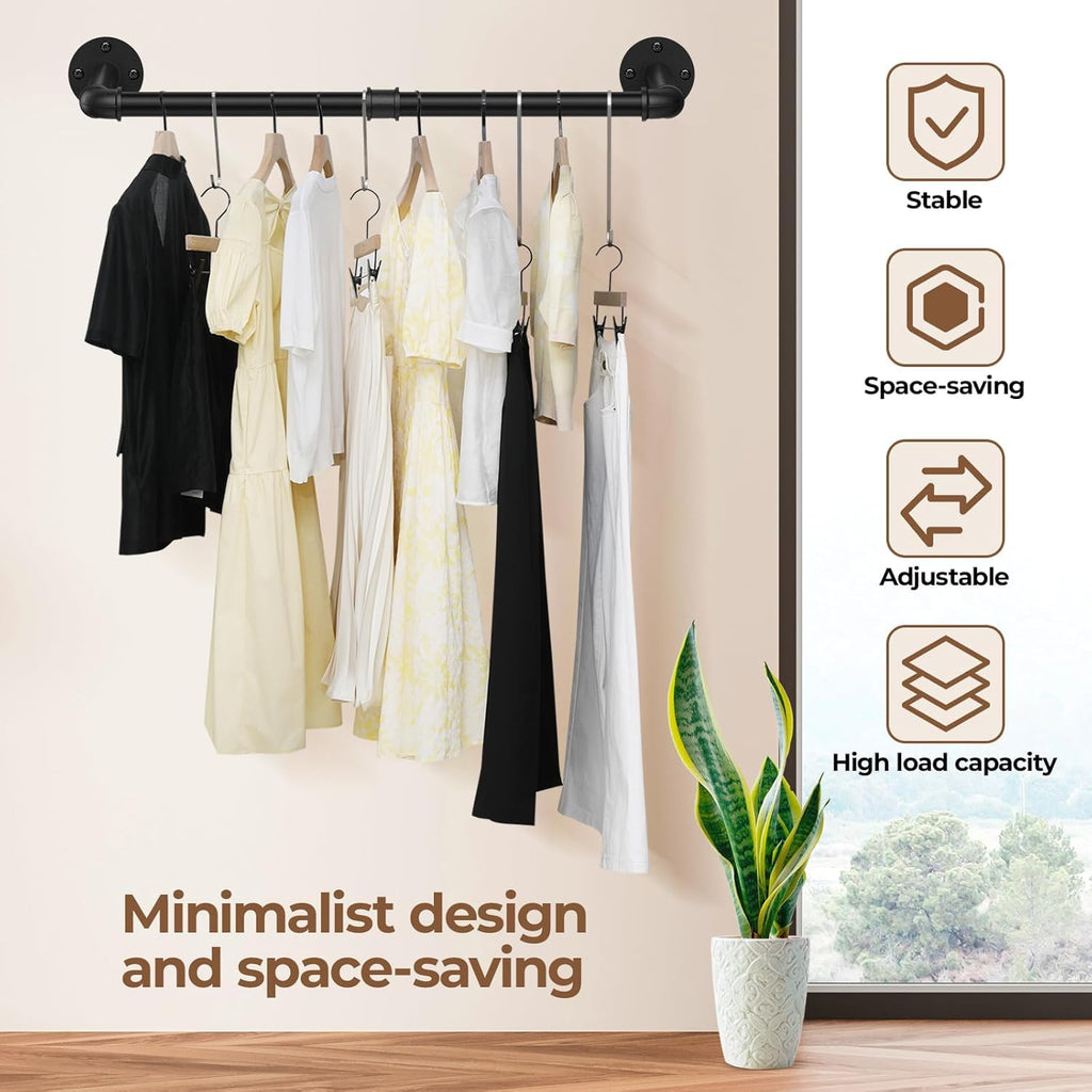 Wall Mounted Clothes Rack 38.4 Inch, Industrial Pipe Clothing Rack, Black Wall Clothing Rack, Multi-Purpose Clothing Hanging Rod for Laundry Room (2 Pack)