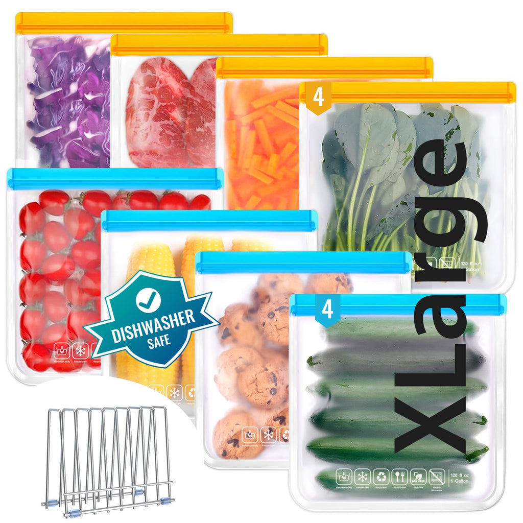 FAYOGOO Reusable Silicone Food Storage Bags 8 Pack Extra Large With Rack Dishwasher Safe Gallon Soup Liquid Bags Freezing