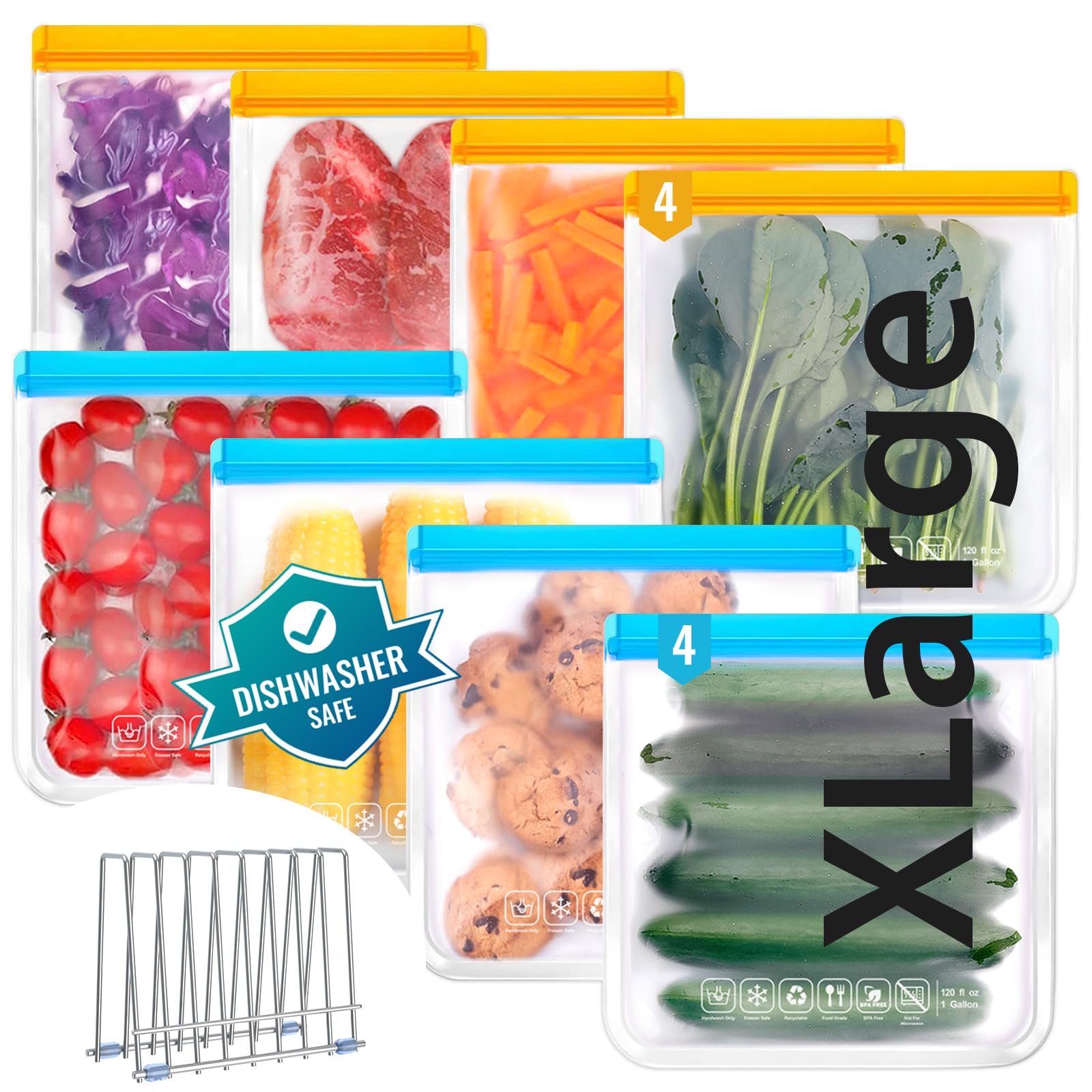 FAYOGOO Reusable Silicone Food Storage Bags 8 Pack Extra Large With Rack Dishwasher Safe Gallon Soup Liquid Bags Freezing