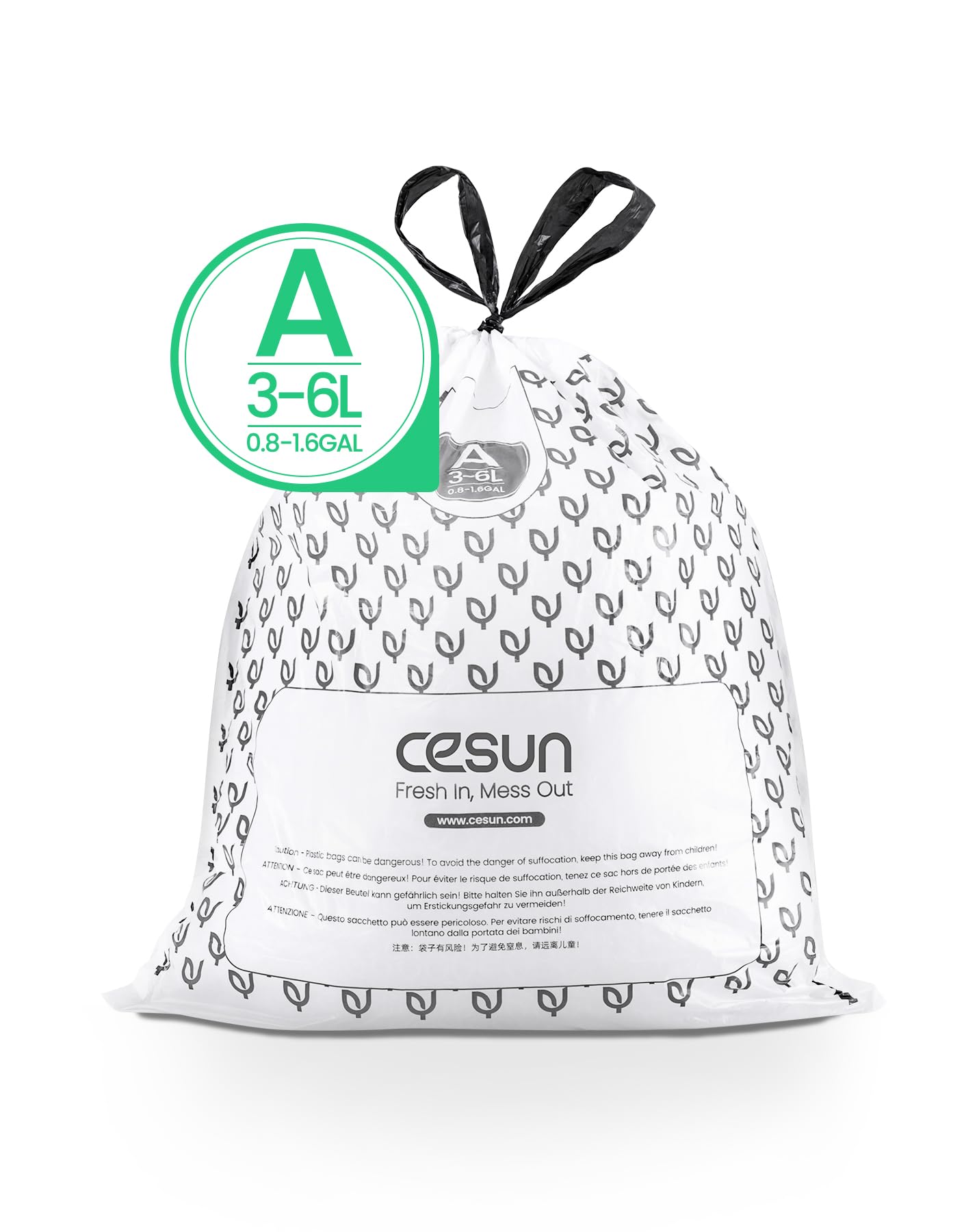 Cesun Code A Drawstring Trash Bags 90 Count, Pre Cut 1.6 Gallon / 6 Liter Trash Can Liners, White