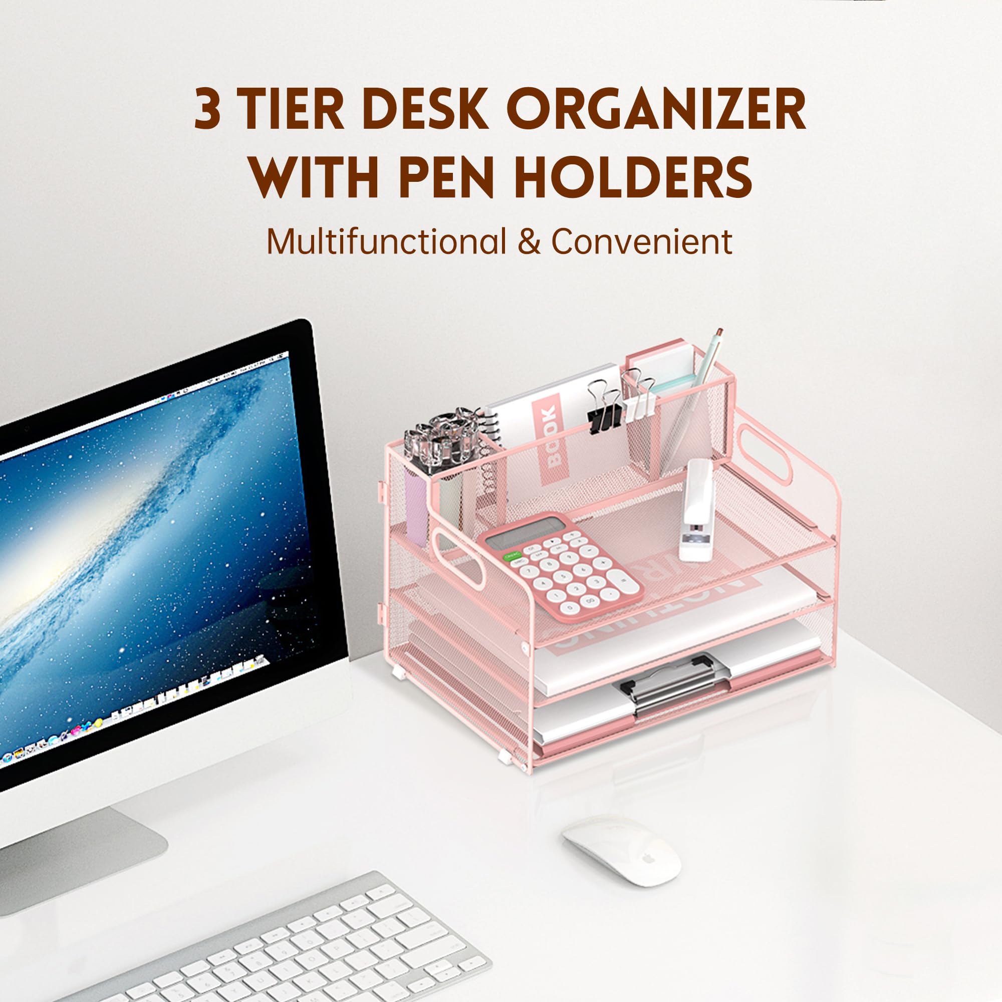 SUPEASY 3 Tier Desk Organizer with Handle & 3 Pen Holders, Mesh Paper/File Organizer for Desk, Paper Letter Tray Organizer for Office Supplies (Pink)