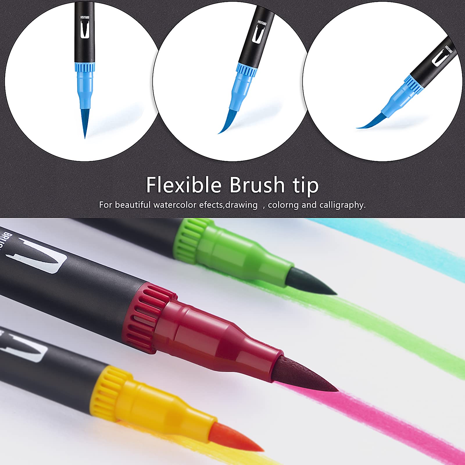 100 Colors Dual Tips Brush Pens, Watercolor Brush Fineliner Markers for Calligraphy Painting Drawing Lettering, Black