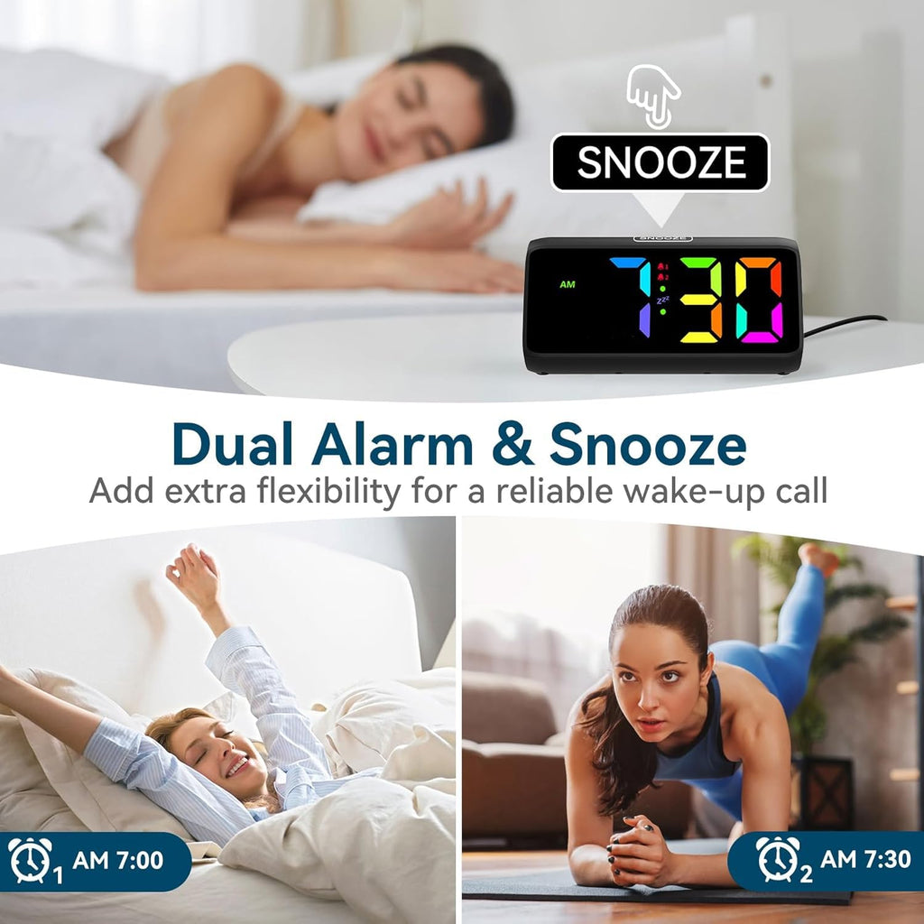 Netzu Digital Alarm Clock, RGB Loud Alarm Clocks for Bedrooms Heavy Sleepers Seniors Kids, Plug in Digital Clock with 5 Dimmers, 2 Alarms, 4 Volumes and Snooze (Black)