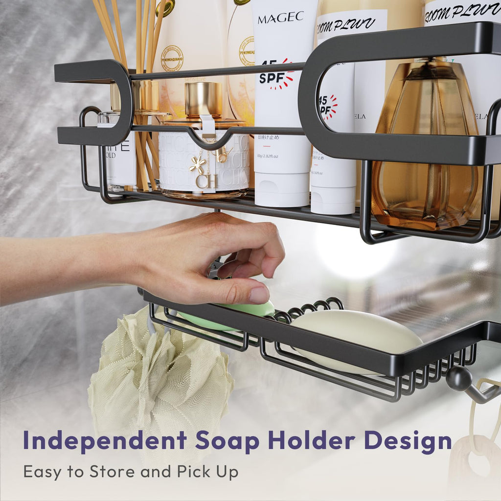 SWTYMIKI Shower Caddy Hanging Over the Door, 2 Tier Bathroom Shelf + 2 Soap Holders, Shower Shelf Organizer with 14 Hooks for Shampoo, Towels, Soap, No Drilling, Rustproof & Waterproof, Black