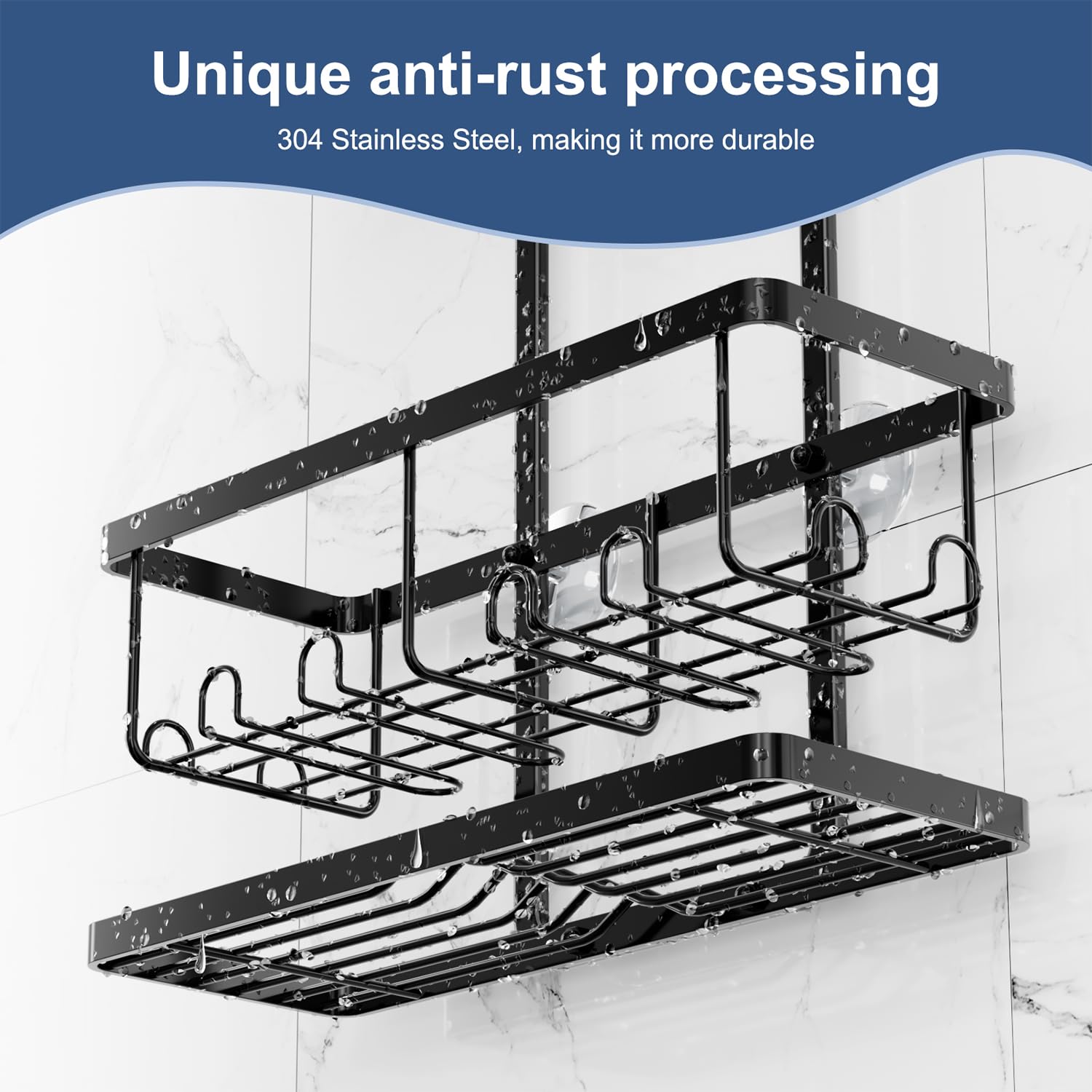 Shower Caddy Hanging, Bathroom Organizers Shelves over Shower Head, Anti-Swing Shower Organizer Shower Shelf, Hanging Shower Caddy with Hooks