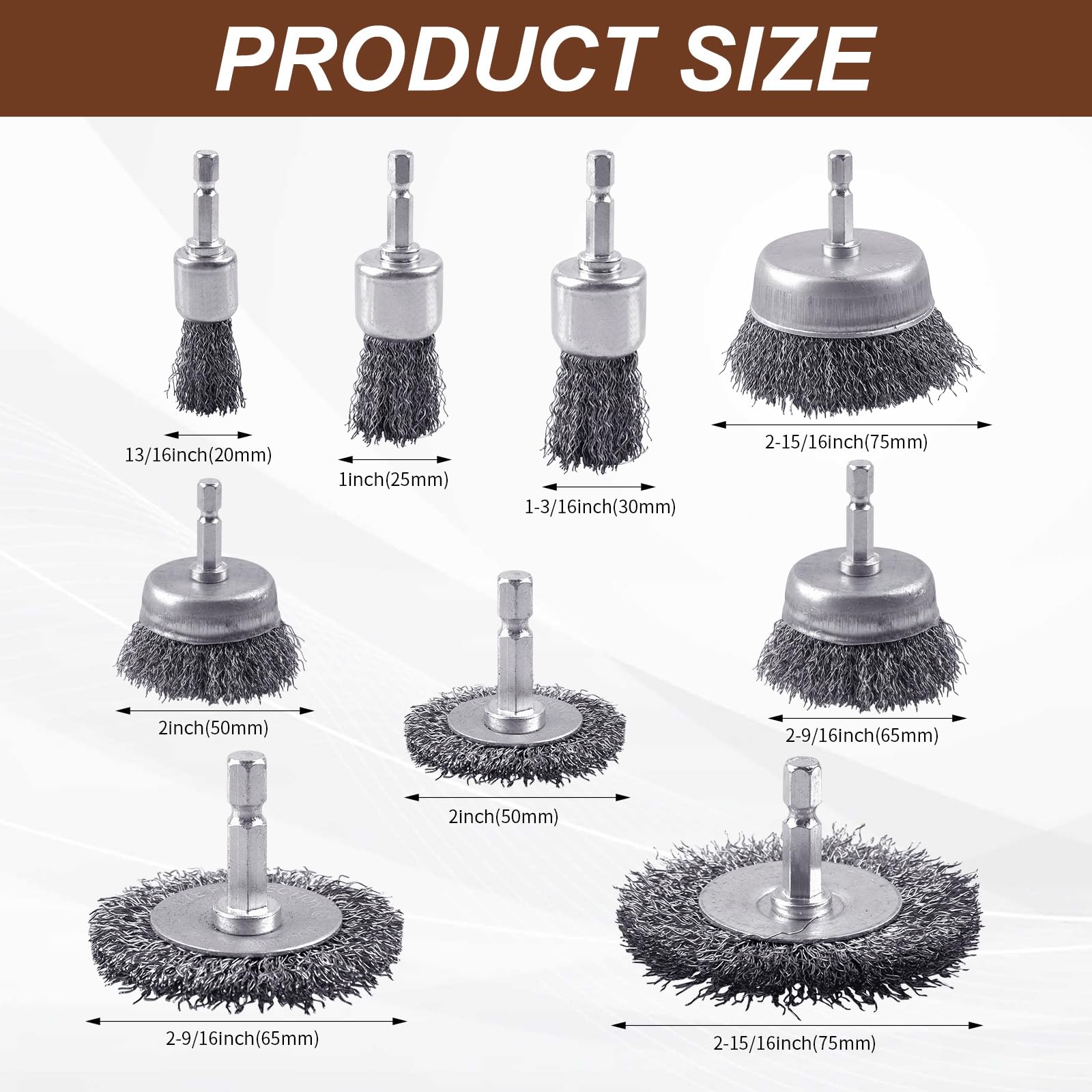 AOKLIT 9 Pack Carbon Steel Drill Wire Brush, 1/4-Inch Hex Shank, Cup/ Wheel/ Pen Brush Set for Rust Removal, Corrosion and Scrub Surfaces