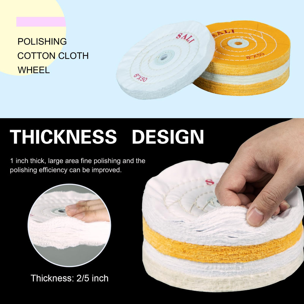 SALI 4 Pack Polishing Wheel for Bench Grinder 6" Buffing Wheel 2 *Yellow Cotton,1*White-Medium Cotton,1* White-Fine Cotton (50 Ply) for Buffer Polisher Pad 1/2'' Arbor Hole with Polishing Compound Kit