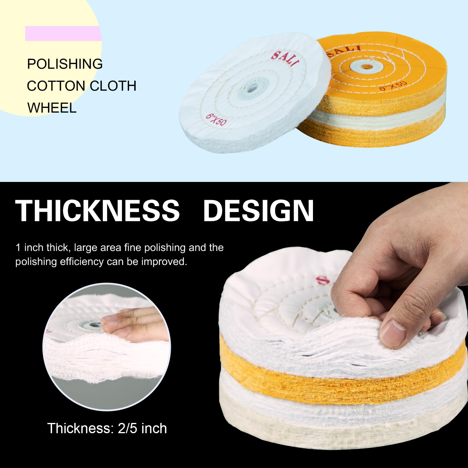 SALI 4 Pack Polishing Wheel for Bench Grinder 6" Buffing Wheel 2 *Yellow Cotton,1*White-Medium Cotton,1* White-Fine Cotton (50 Ply) for Buffer Polisher Pad 1/2'' Arbor Hole with Polishing Compound Kit