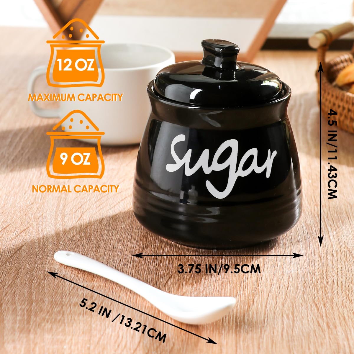 Ymyaye Ceramic Sugar Bowl with Lid and Spoon, 12oz Porcelain Sugar Jar for Home and Kitchen Decor (Black)