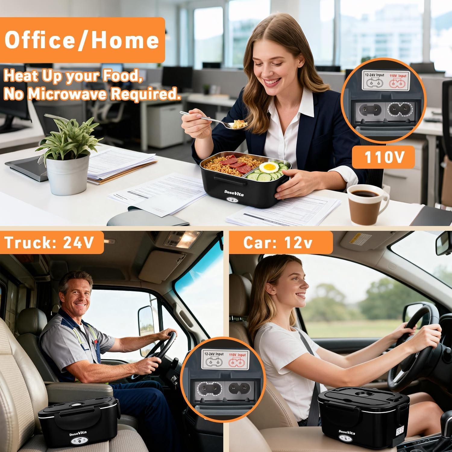Dosevita Electric Lunch Box for Adults, 80W Heated Lunch Box 1.5L 304 Stainless Steel Portable Food Warmer,12/24/110V Lonchera Eléctrica Portátil for Car, Truck, Work, Travel (Black1)