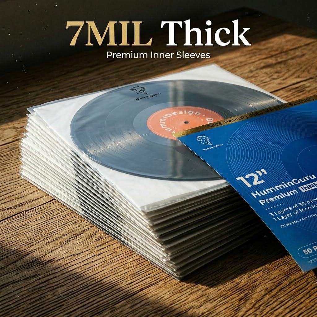 HumminGuru 3-Ply Premium Inner Record Sleeves 12 Inch. Rice Paper Lined Master Sleeve. Anti-Static Vinyl Record Sleeve, Acid-Free Thick HDPE 3+1 Layer in 7 Mil, 50 Pack (12” Premium Inner Sleeves)
