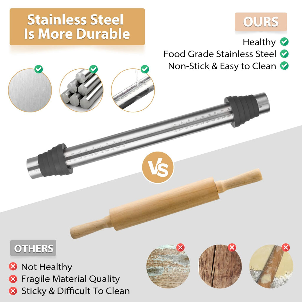 Adjustable Rolling Pin with Thickness Rings for Baking -Non Stick Dough Roller Pin with Spacer Bands for Cookie,Pie Crust, Pastry Fondant and Bread By Super Kitchen (Stainless Steel, 15.8")