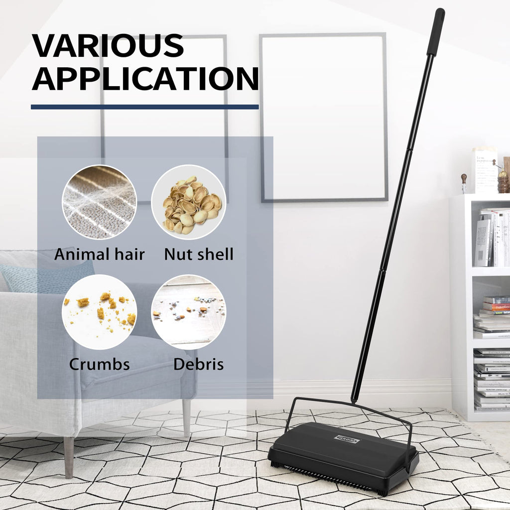JEHONN Carpet Floor Sweeper Manual with Horsehair, Non Electric Quite Rug Roller Brush Push for Cleaning Pet Hair, Loose Debris, Lint (Black)