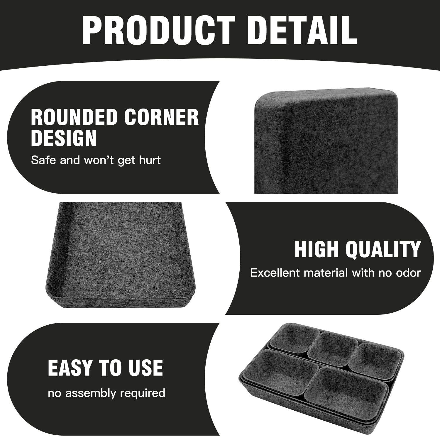 Pack of 8 Felt Drawer Organiser,Stackable Felt Storage Boxes,felt organizers,Drawer Organiser System,Dressing Table Organiser,drawer dividers for Desk,Bedside Table,Cupboard (Dark Grey)