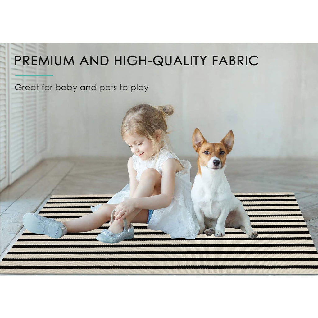 famibay Black and Beige Front Door Mat Outdoor Cotton Handwoven Farmhouse Layered Door Mat 2x4.2Ft Washable Striped Porch Rug Carpet Mat for Entrance Balcony Bedroom