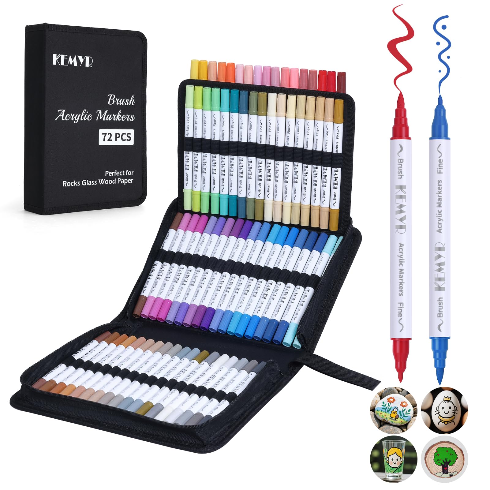 KEMYR 72 Colors Brush & Fine Tip Acrylic Paint Pens, Dual Tip Acrylic Paint Markers for Paper, Wood, Canvas, Stone, Rock Painting, Glass, Fabric, DIY, Ceramic, Art Supplies for Drawing