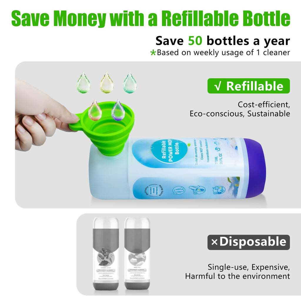 Power Mop Refillable Bottle for Swiffer PowerMop, Empty Reusable Bottle for Power Mop, 26 FL OZ Leak-Proof HDPE Solution Container with 5 Silicone Gaskets & Folding Funnel