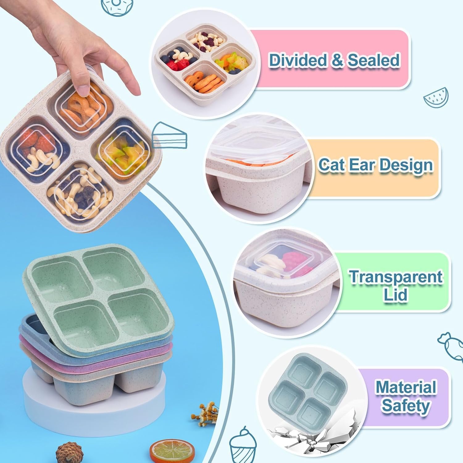 Jagney 4 Pack Bento Lunch Box, 4 Compartment Snack Containers, Divided Bento Snack Box, Work and Travel, Meal Prep Containers Kids/Toddle/Adults, Food Storage Containers for School.