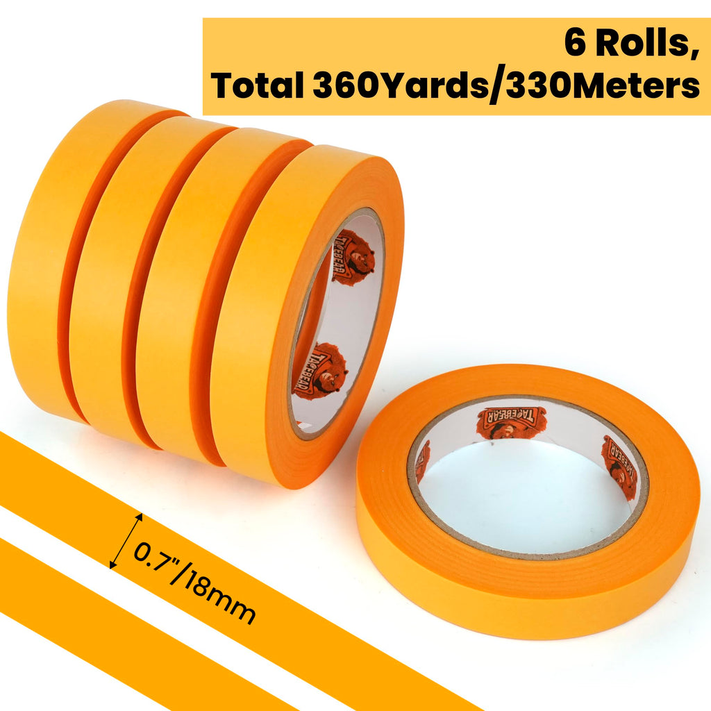 TAPEBEAR Delicate Surface Advanced Masking Tape 0.7" x 55m, Orange Washi Tape Indoor Painters Tape Decorating with No Paint Bleed, Sharp Lines, Surface Damage-Free, Low Tack, 6Rolls