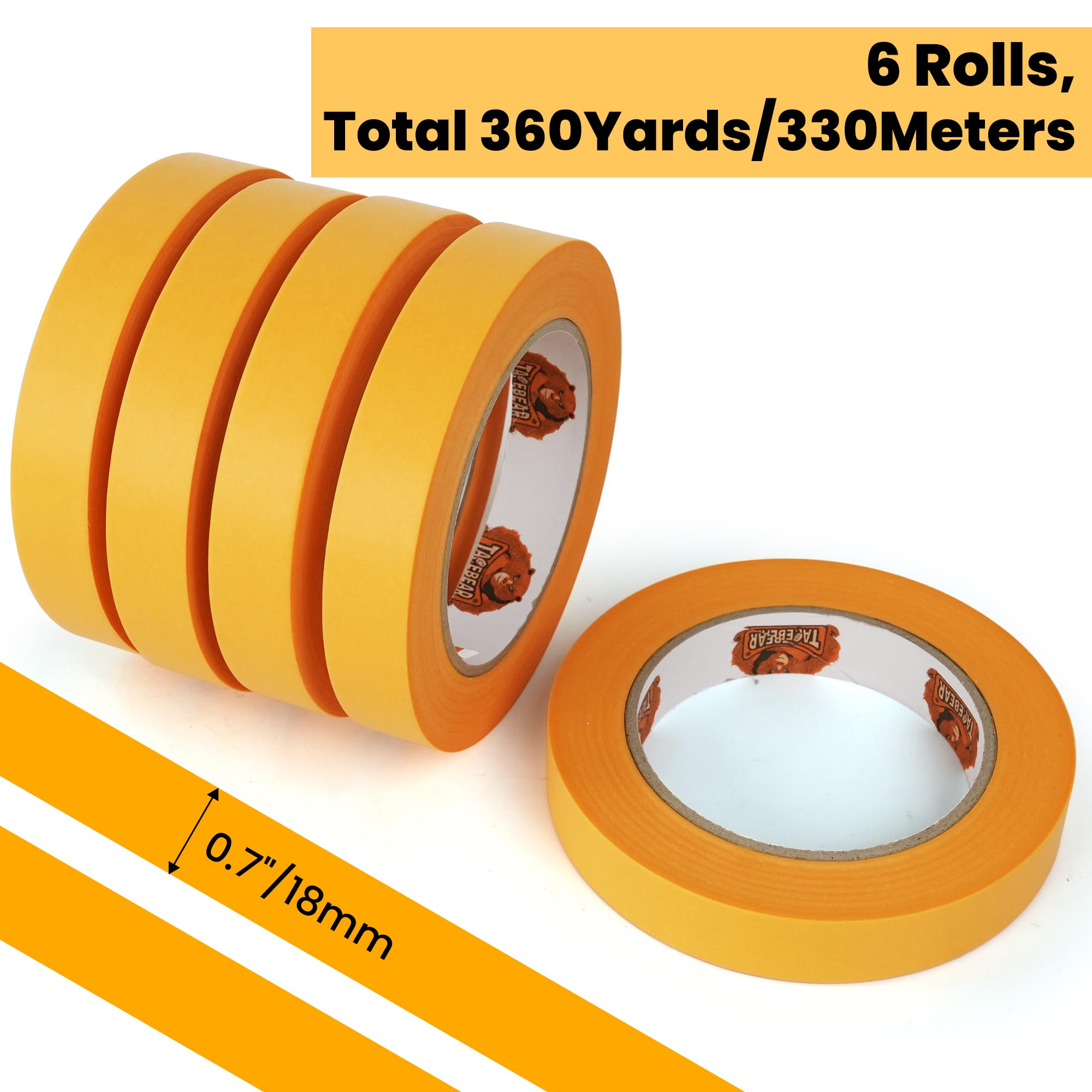 TAPEBEAR Delicate Surface Advanced Masking Tape 0.7" x 55m, Orange Washi Tape Indoor Painters Tape Decorating with No Paint Bleed, Sharp Lines, Surface Damage-Free, Low Tack, 6Rolls