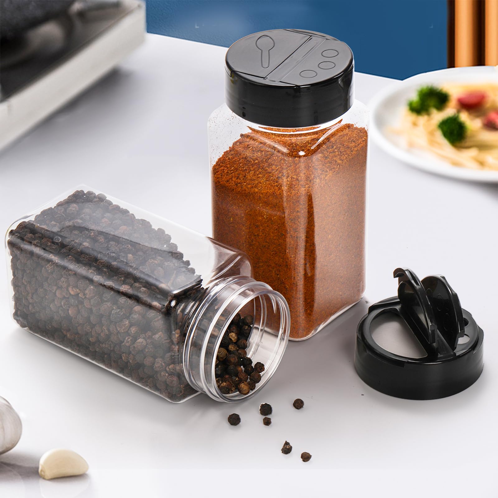 Bekith 16 Pack Plastic Spice Jars Bottles for Storing Spice, Herbs and Powders - 9 Oz BPA Free Plastic Spice Containers with Black Flip Top Cap to Pour or Shaker/Sifter