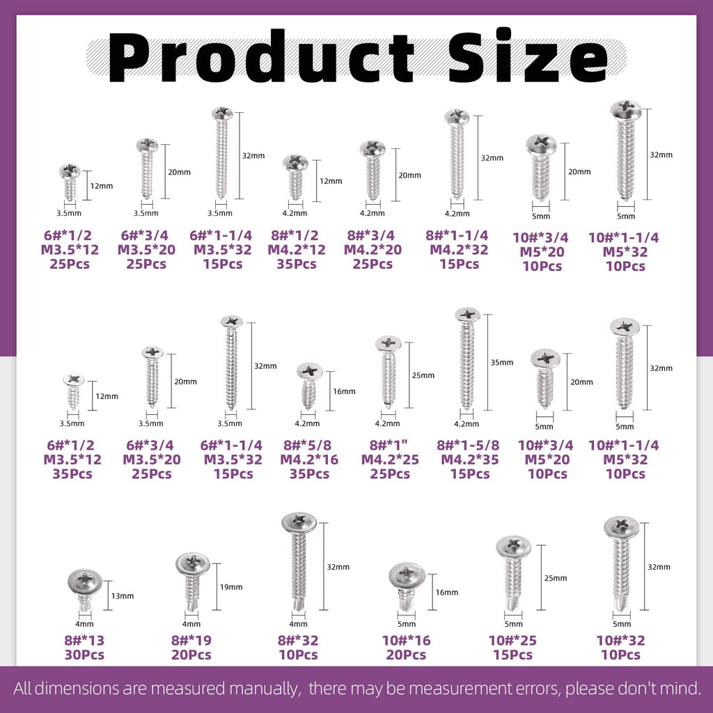 Swpeet 435Pcs 3 Types #6#8#10 SAE 304 Stainless Steel Round Pan Head and Phillips Flat Head Self Tapping Sheet Metal Screws Wood Screws with 410 Stainless Steel Truss Head Fast Self